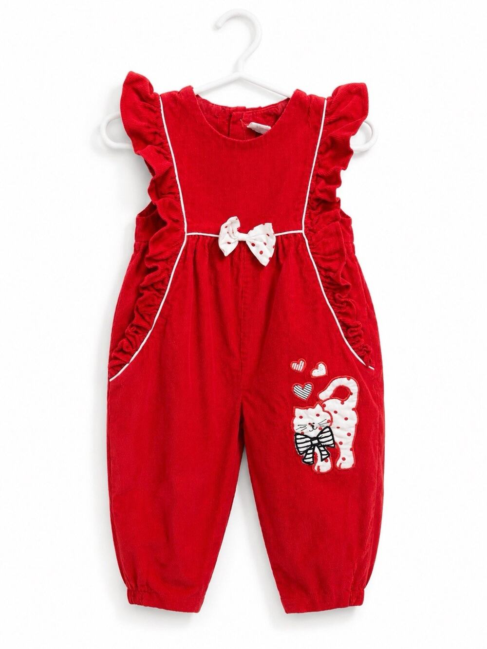 Vintage Baby Girl Red Corduroy Romper Cat Heart Applique Ruffle Bow 18 Months